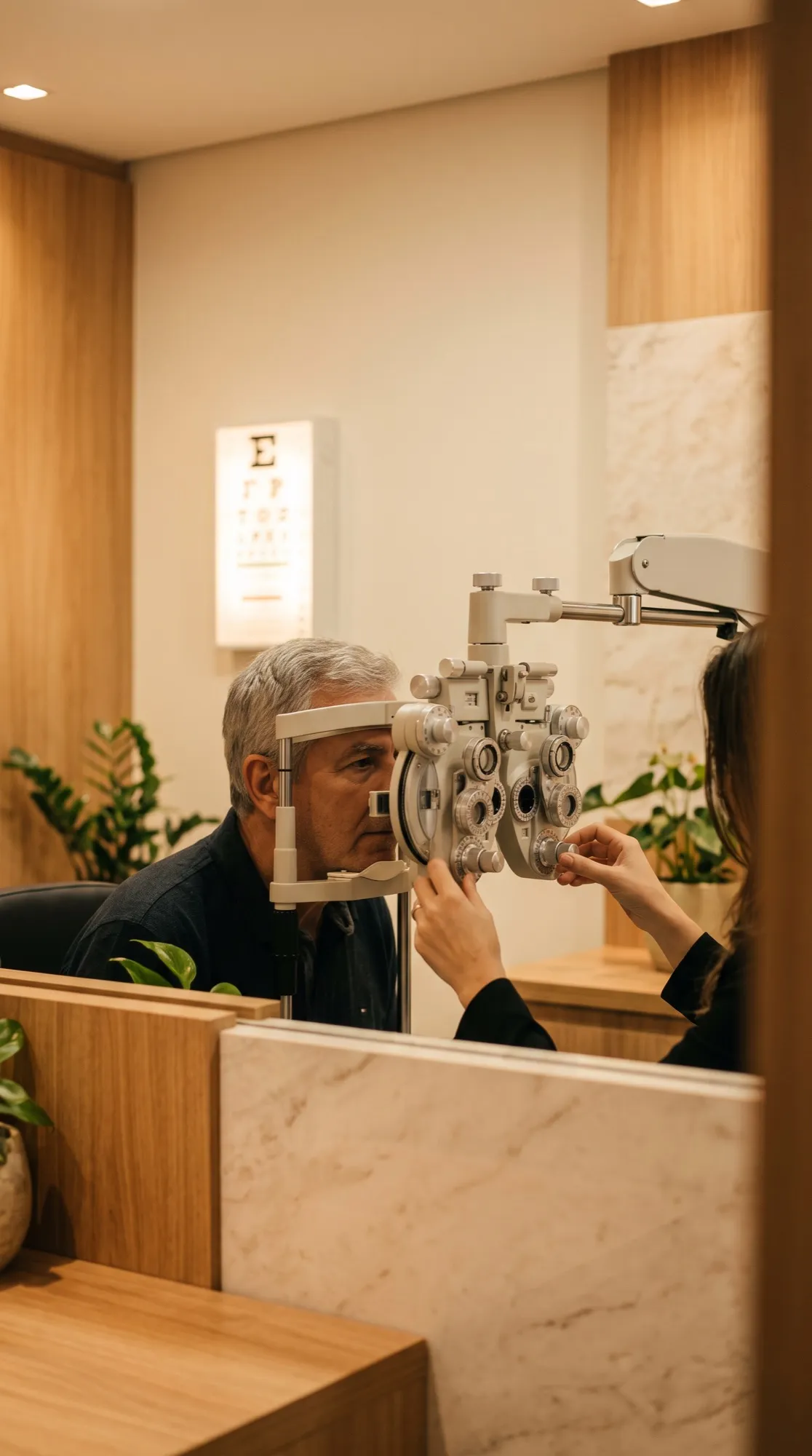 Cliente fazendo exame de vista no refrator, com a tabela de exame na parede ao fundo